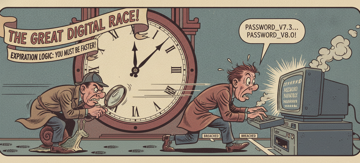 An illustration representing the traditional view of password security, where periodic changes were seen as a race against an attacker's slow efforts to crack a password, aiming to invalidate stolen credentials before exploitation.