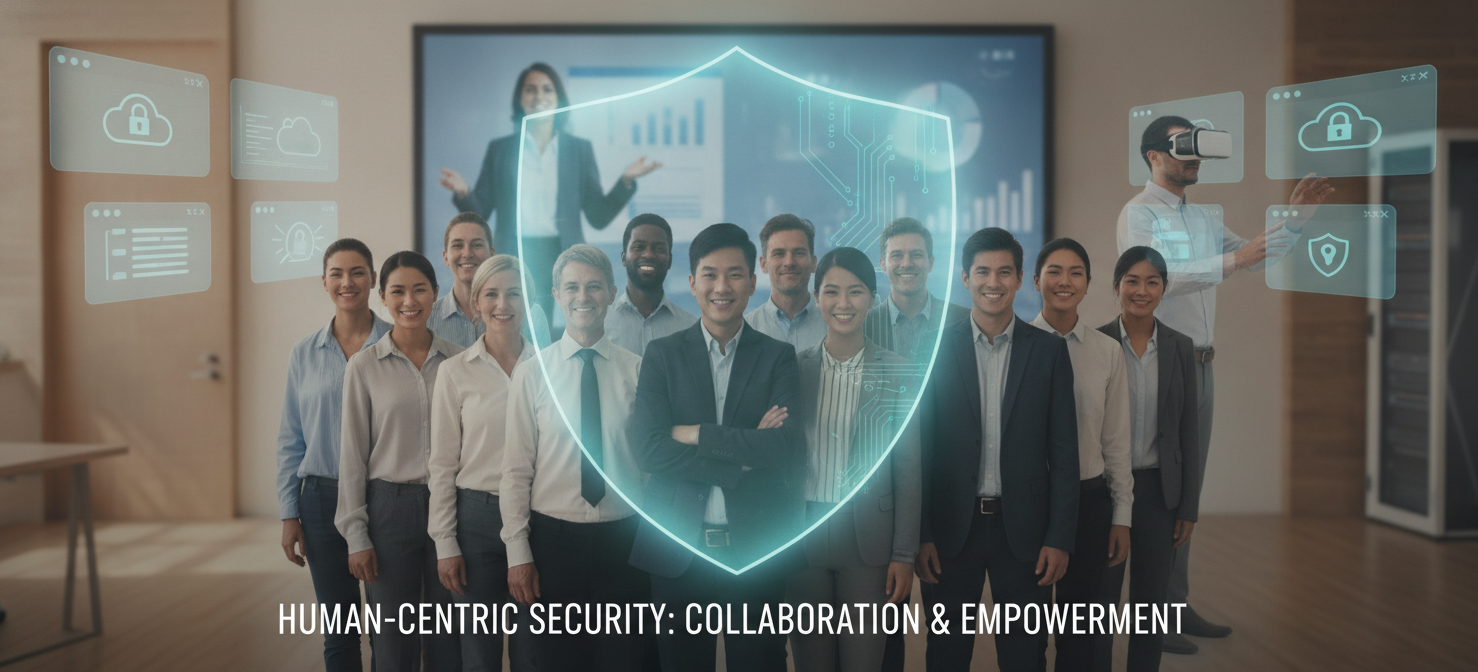 An illustration showcasing a diverse group of employees, symbolizing an organization's collective security-aware culture, surrounded by a protective aura. Background elements subtly depict leadership commitment, continuous security training, and user-friendly cloud applications. This image emphasizes that effective security extends beyond technical enforcement, requiring a strong culture where employees are educated, empowered, and feel like partners in protecting the organization against risks like shadow IT.
