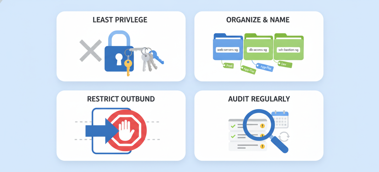 An illustration showcasing best practices for security groups, including implementing the principle of least privilege, organizing and naming groups effectively, restricting outbound traffic, and regularly auditing rules to maintain a strong security posture.