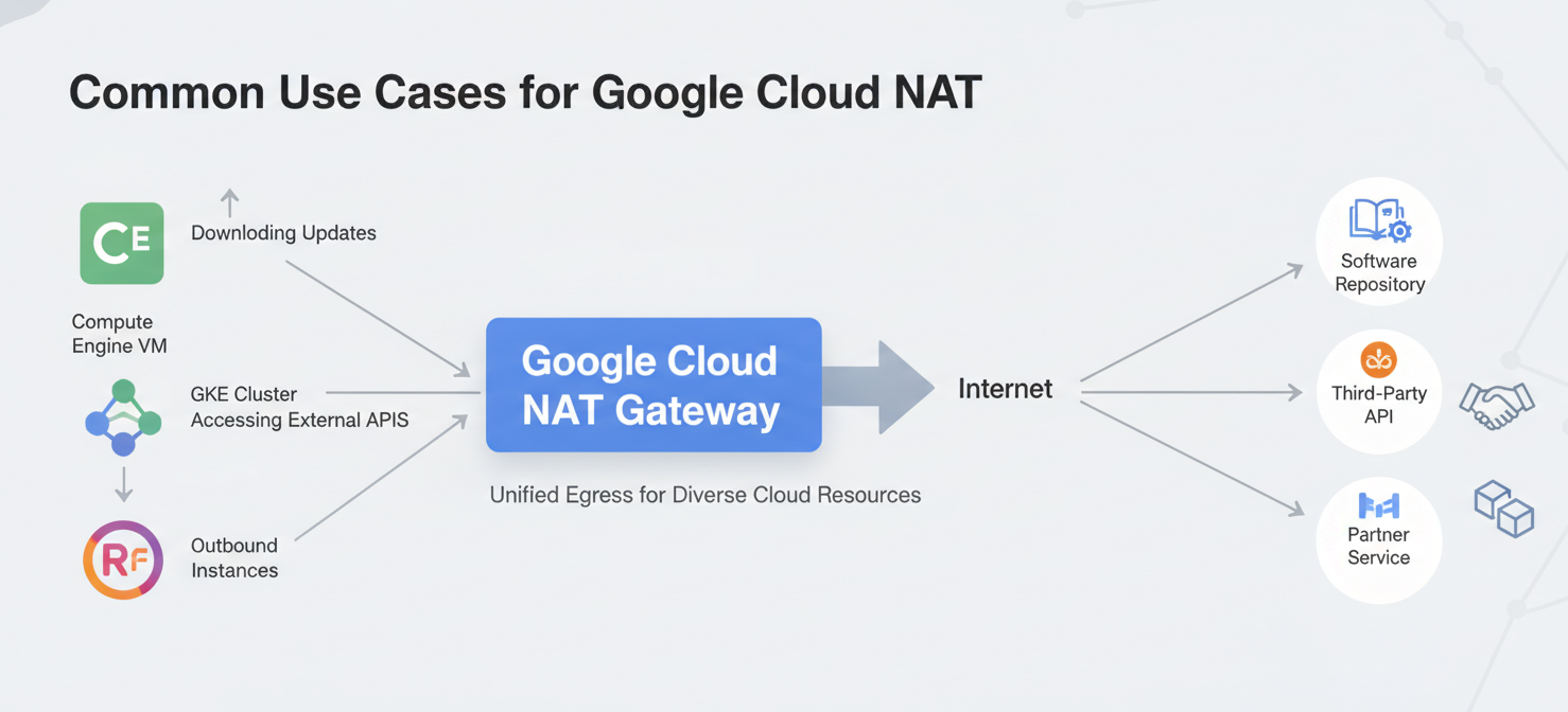 An illustration showcasing common use cases for Cloud NAT, including private Compute Engine VMs downloading software updates, GKE clusters accessing external APIs, and serverless workloads like Cloud Run or Cloud Functions connecting to third-party services. The diagram highlights how Cloud NAT enables these private resources to securely reach the internet for essential tasks.
