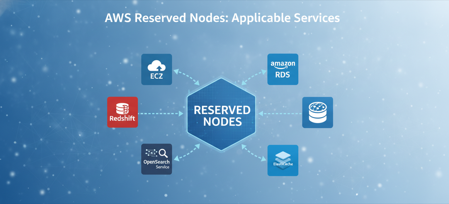 An illustration showcasing the breadth of AWS services that offer Reserved Nodes, including Amazon EC2, RDS, Redshift, ElastiCache, and OpenSearch Service, demonstrating how cost savings can be applied across different parts of a cloud architecture.