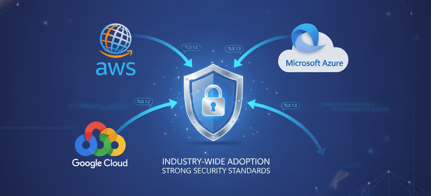 An illustration showcasing the unified commitment of major cloud providers like AWS, Azure, and Google Cloud to enforce a secure minimum TLS version across their platforms. Their logos surround a central security shield, representing their collective effort to mandate modern protocols and phase out older, vulnerable TLS versions, ensuring robust cloud security.
