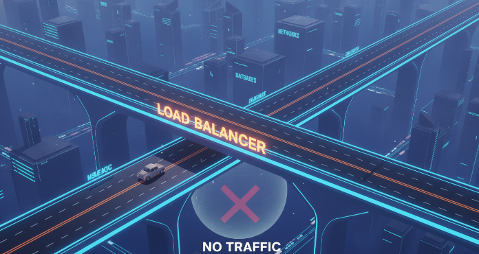 An illustration showing a busy cloud infrastructure with many active services, but a central load balancer stands idle and forgotten, symbolizing unused load balancers that continue to incur costs without serving any traffic.