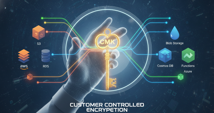 An illustration showing a customer's hand holding a large, glowing cryptographic key, symbolizing direct control over cmk encryption in cloud environments. Secure connections extend from the key to various cloud services like databases, storage, and virtual machines in both AWS and Azure, highlighting the central role of customer-managed keys in data security and compliance across multi-cloud architectures. The image conveys enhanced security, ownership, and auditability for sensitive data.