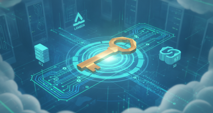 An illustration showing a large, glowing key rotating within a secure cloud environment, surrounded by interconnected AWS services. This visual metaphor highlights the critical importance of aws access key rotation for maintaining robust cloud security and preventing unauthorized access to resources.