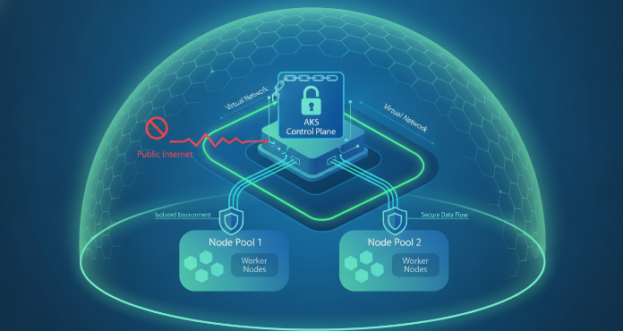An illustration showing a secure, private AKS cluster architecture. The Kubernetes API server, represented as a control plane, is isolated within a private Azure Virtual Network (VNet), preventing public internet access. Node pools communicate with the control plane exclusively over this private network, highlighting the enhanced security posture of private AKS clusters.