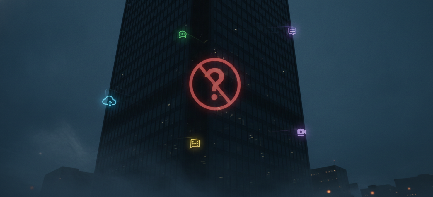 An illustration showing a shadowy corporate building with small, glowing icons of unapproved cloud applications subtly emerging from its edges and windows, symbolizing hidden "shadow IT." A large, ominous question mark above the building represents the significant blind spots and security risks, such as data breaches and compliance violations, that arise from IT's lack of visibility and control over these unsanctioned services.