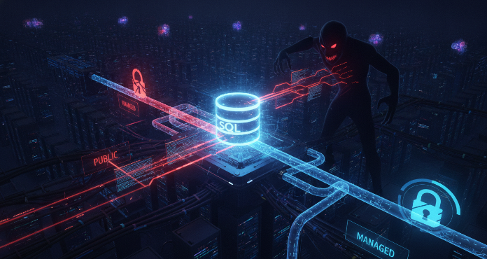 An illustration showing a vulnerable public cloud SQL instance, depicted as a glowing, exposed database icon amidst a complex cloud network, with a shadowy figure representing an attacker lurking nearby. This visual emphasizes the hidden risks associated with unmanaged public cloud SQL instances and the potential for data breaches in cloud environments.