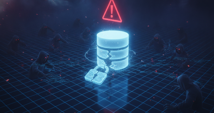An illustration showing an Azure database icon with a broken padlock, symbolizing unrestricted Azure database access, vulnerable to shadowy figures on an open network, highlighting the dangers of Shadow IT and exposed data.