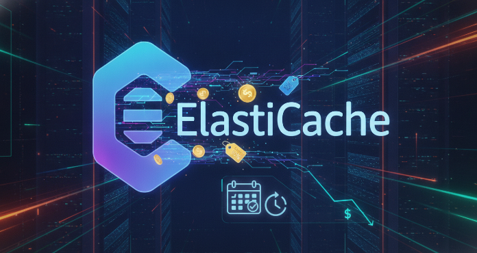 An illustration showing ElastiCache Reserved Nodes as a key strategy for cloud cost optimization, with money flowing into a discount symbol and a calendar representing commitment terms.