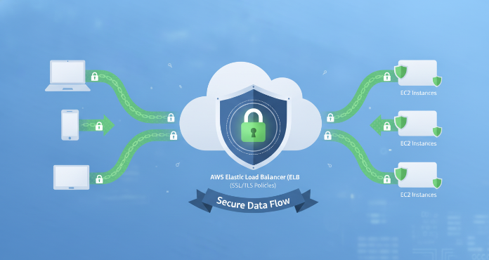 An illustration showing how ELB SSL policies secure traffic. Various client devices connect through an encrypted tunnel to an AWS Elastic Load Balancer, which then securely routes traffic to backend servers. This visual emphasizes the critical role of ELB SSL policies in protecting data in transit and maintaining a strong security posture for applications hosted on AWS.