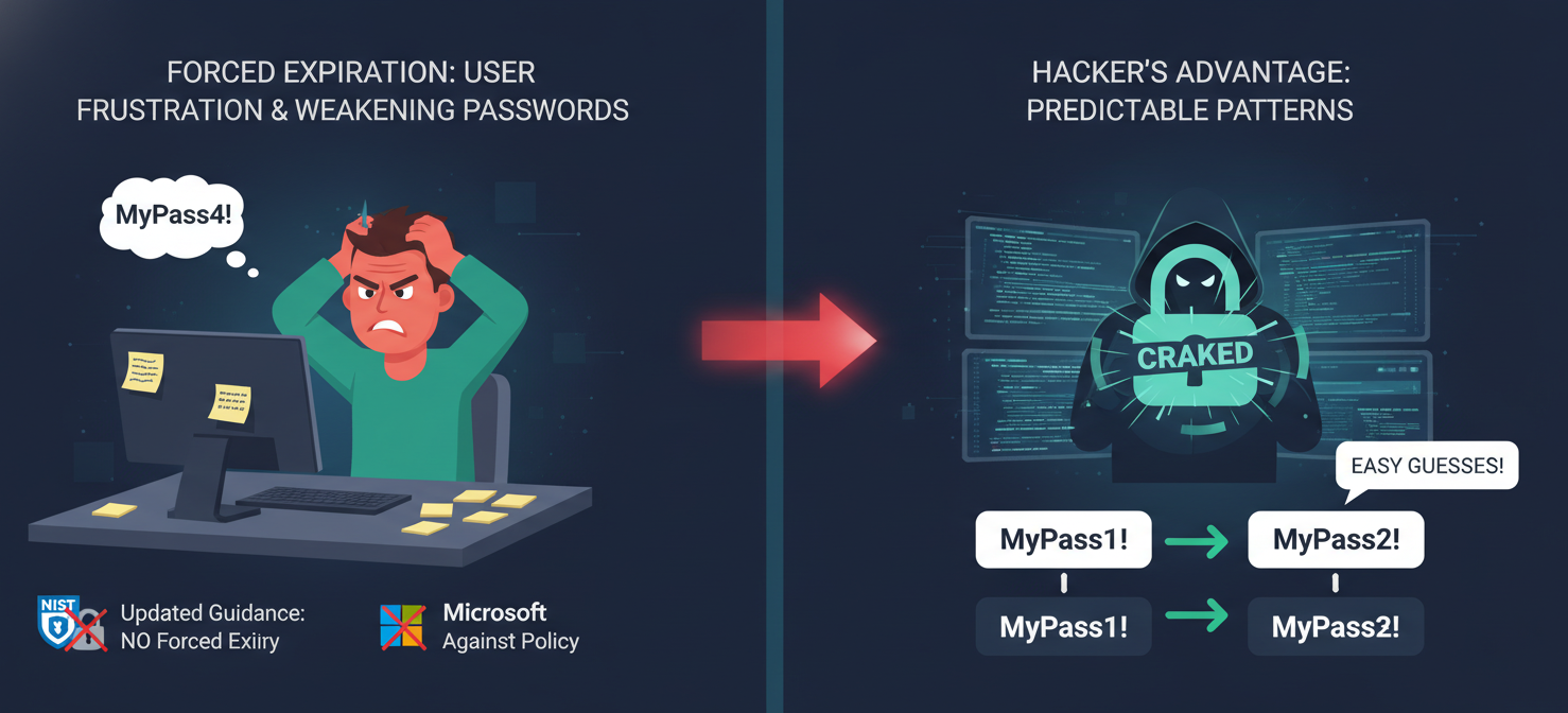 An illustration showing how forced password changes often lead users to create weaker, predictable passwords, making them easier for attackers to guess, a key reason why NIST and Microsoft now advise against mandatory expiration.