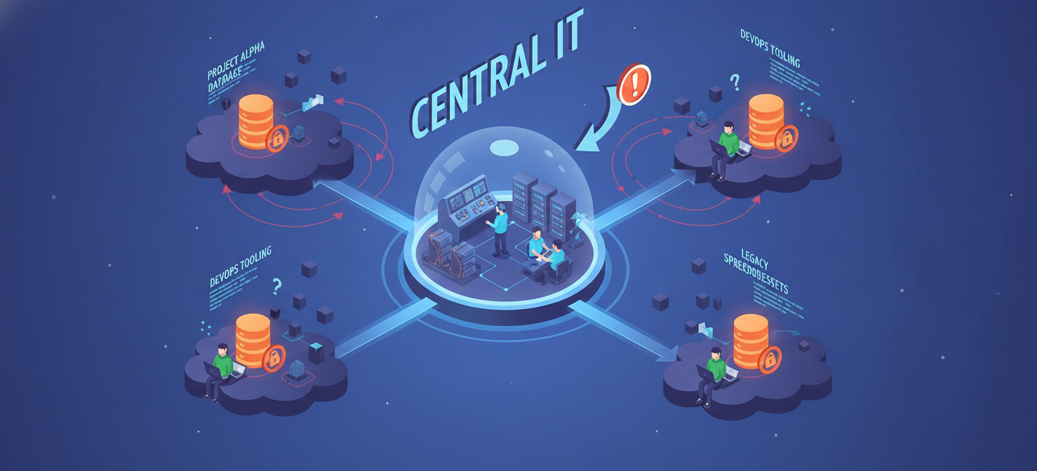 An illustration showing the concept of Shadow IT, with individual teams or developers creating cloud resources, including databases, outside the oversight of a central IT department. This visual represents the decentralized nature of cloud accounts contributing to unmanaged infrastructure.