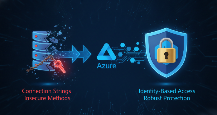 An illustration showing the evolution of Azure Functions security, transitioning from vulnerable connection strings and exposed keys to a robust, identity-based protection model. It highlights secure data flow, managed identities, and the importance of a strong security posture for serverless applications.
