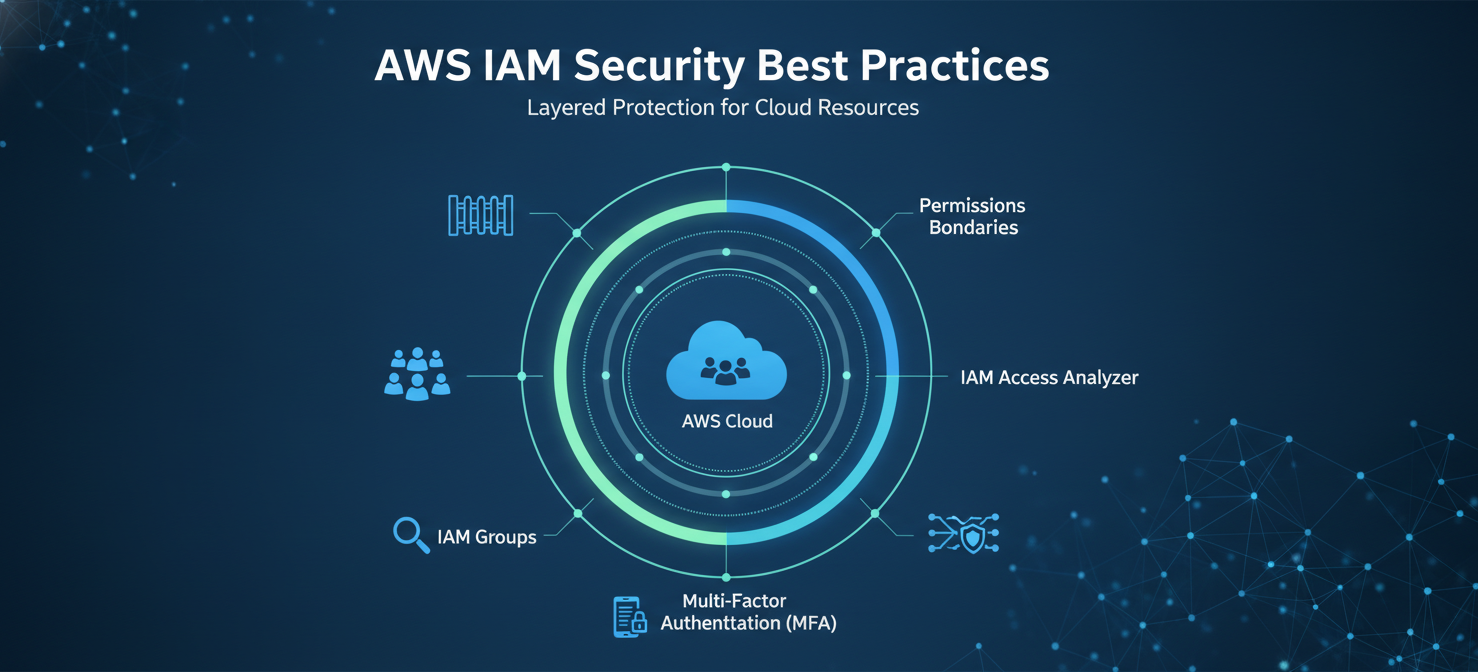 An illustration summarizing AWS IAM access management best practices, including Multi-Factor Authentication (MFA), using IAM Groups for managing user permissions, leveraging IAM Access Analyzer for policy validation, and implementing Permissions Boundaries for robust security.