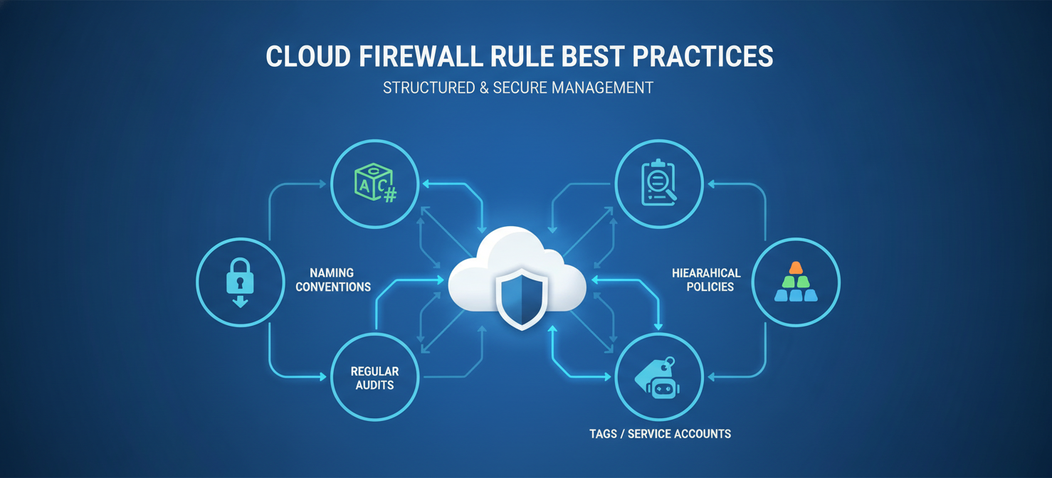 An illustration summarizing best practices for firewall rule management, including principles like least privilege, consistent naming, regular auditing, and leveraging network tags for scalability.