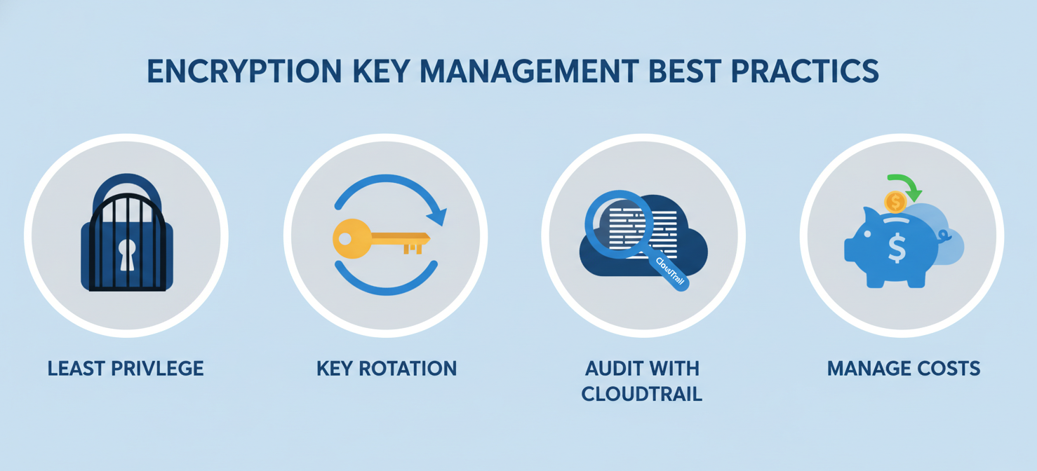 An illustration summarizing best practices for managing AWS KMS keys, including implementing the principle of least privilege, enabling automatic key rotation, auditing key usage with CloudTrail, and managing associated costs effectively.