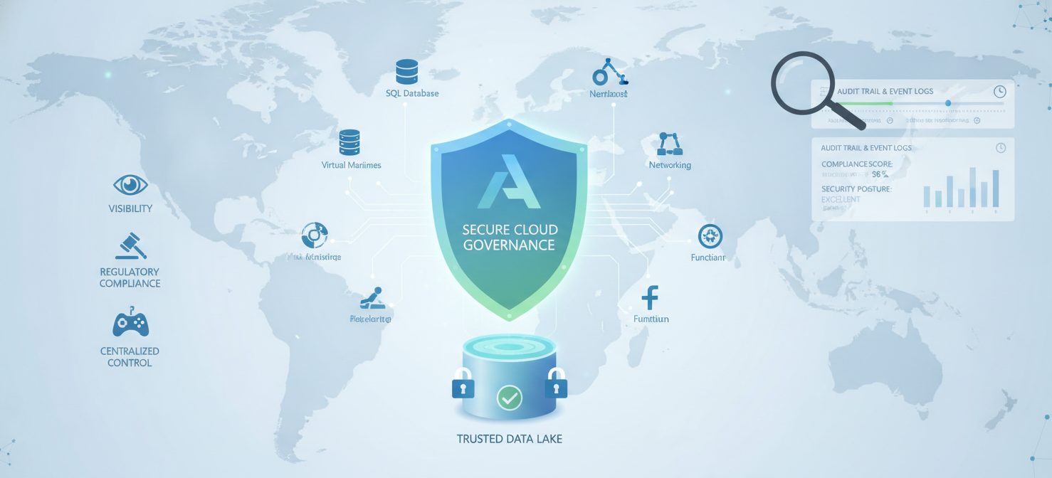 An illustration symbolizing a secure and compliant cloud environment, where comprehensive logging and retention practices provide full visibility and control over Azure resources, essential for governance and security.