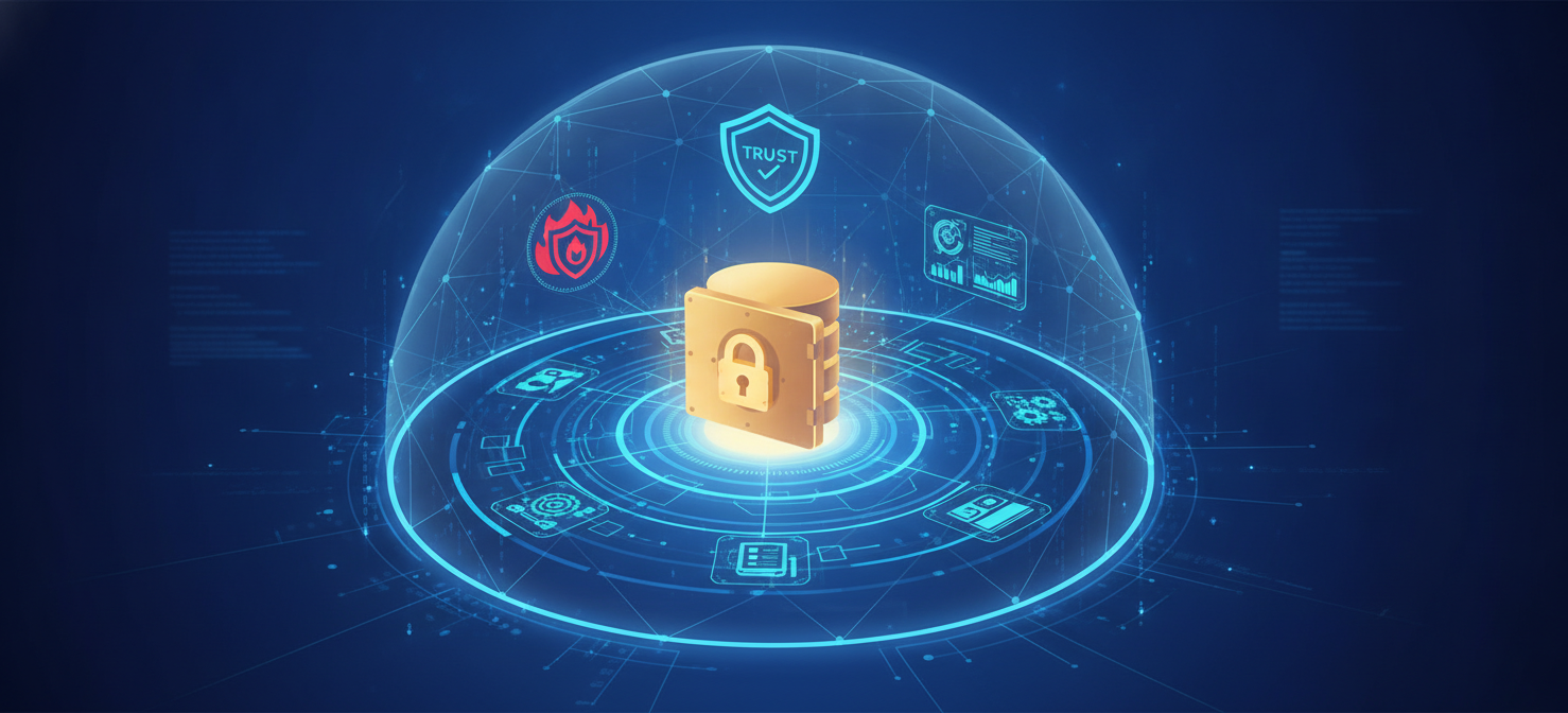 An illustration symbolizing a secure and controlled cloud environment, with a well-managed database at its core, surrounded by active security measures and monitoring tools. This represents the desired state of bringing hidden resources out of the shadows for enhanced data security.