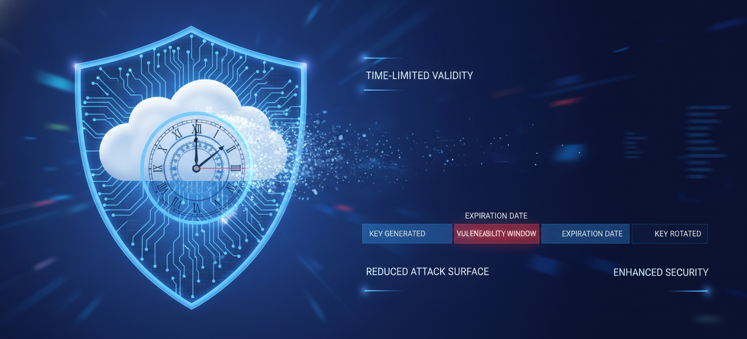 An illustration symbolizing enhanced security through time-limited credentials. A digital shield protects a cloud application, with a clock indicating that regular rotation and expiration dates for secrets and keys significantly reduce the attack surface and mitigate risks of compromise and service outages.