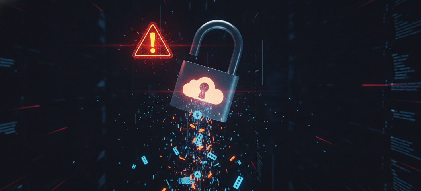 An illustration symbolizing the risks of public access to cloud storage, showing sensitive data leaking from a partially open cloud storage bucket, highlighting the dangers of misconfiguration and the potential for data breaches and compliance issues.