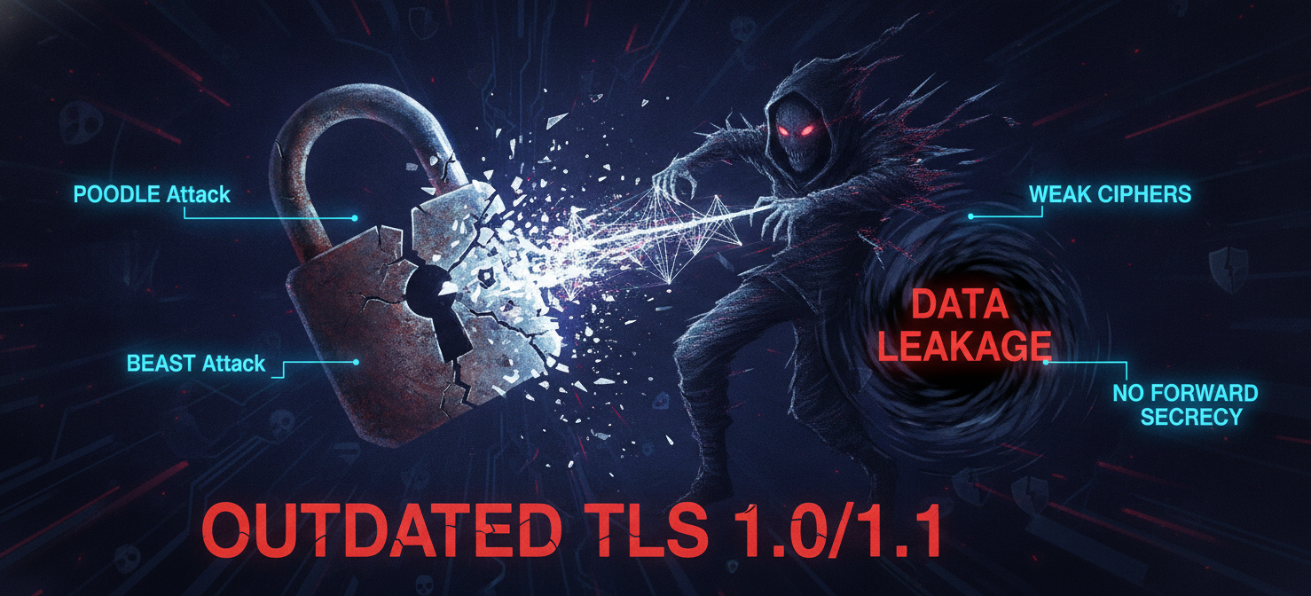 An illustration symbolizing the security risks associated with outdated TLS versions. It shows a compromised data stream or a broken lock, with specific attack names like POODLE and BEAST, and concepts such as 'Weak Cryptography' and 'Lack of Forward Secrecy' highlighted, representing the vulnerabilities that expose sensitive information.