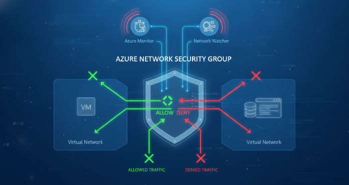 An illustrative diagram depicting the role of Azure Network Security Groups in securing an Azure Virtual Network. It shows network traffic being filtered by NSGs, protecting various Azure resources such as virtual machines and web applications. The diagram also highlights the integration with Azure Monitor and Network Watcher for collecting logs and metrics, enabling proactive alerts and comprehensive monitoring of azure network security groups to detect security threats and operational issues.