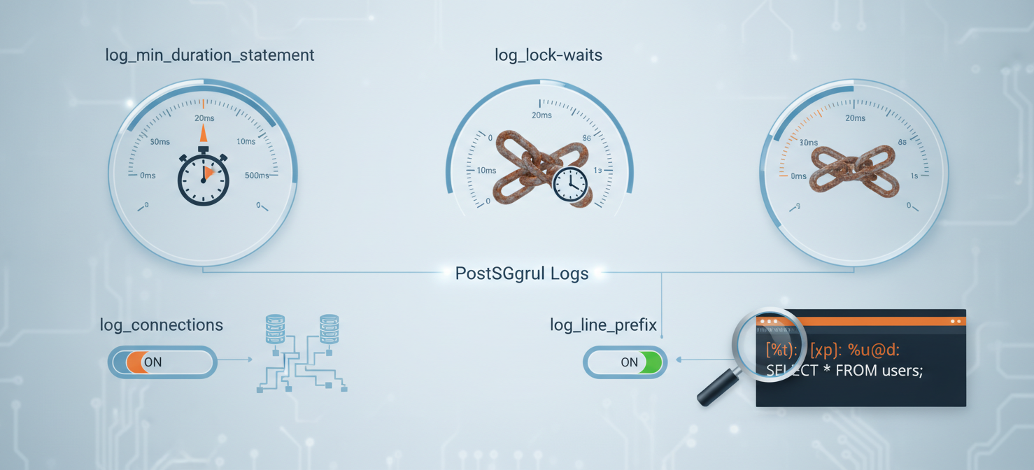 An illustrative diagram showcasing essential PostgreSQL logging flags for daily operations, depicted as control switches. Elements like `log_min_duration_statement` for query timing, `log_connections` for session tracking, and `log_line_prefix` for log readability are visually represented, demonstrating their role in database monitoring.