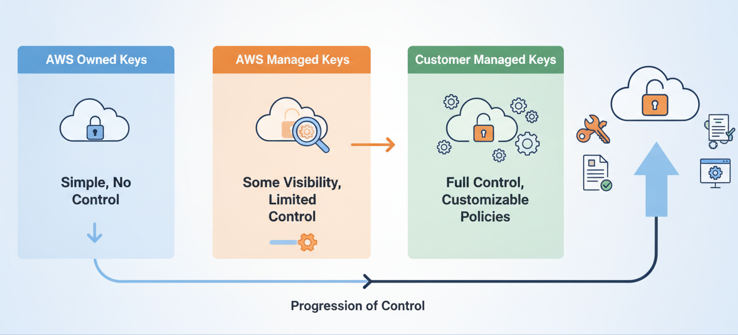 An infographic comparing AWS Owned, AWS Managed, and Customer Managed Keys (CMKs) within AWS KMS, highlighting the increasing level of user control from left to right, with CMKs offering the most granular management options.