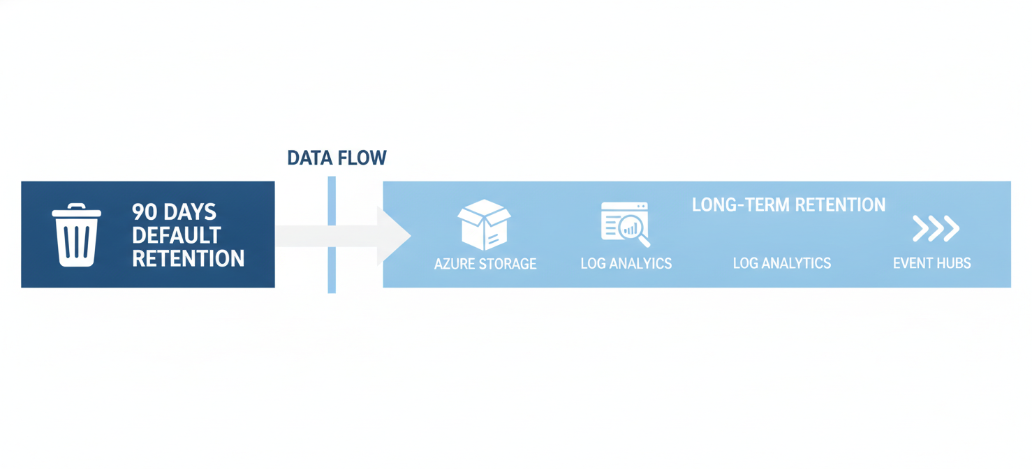 An infographic demonstrating Azure Activity Log retention, contrasting the default 90-day retention with options for long-term storage in Azure Storage, Log Analytics, or Event Hubs to meet compliance requirements.
