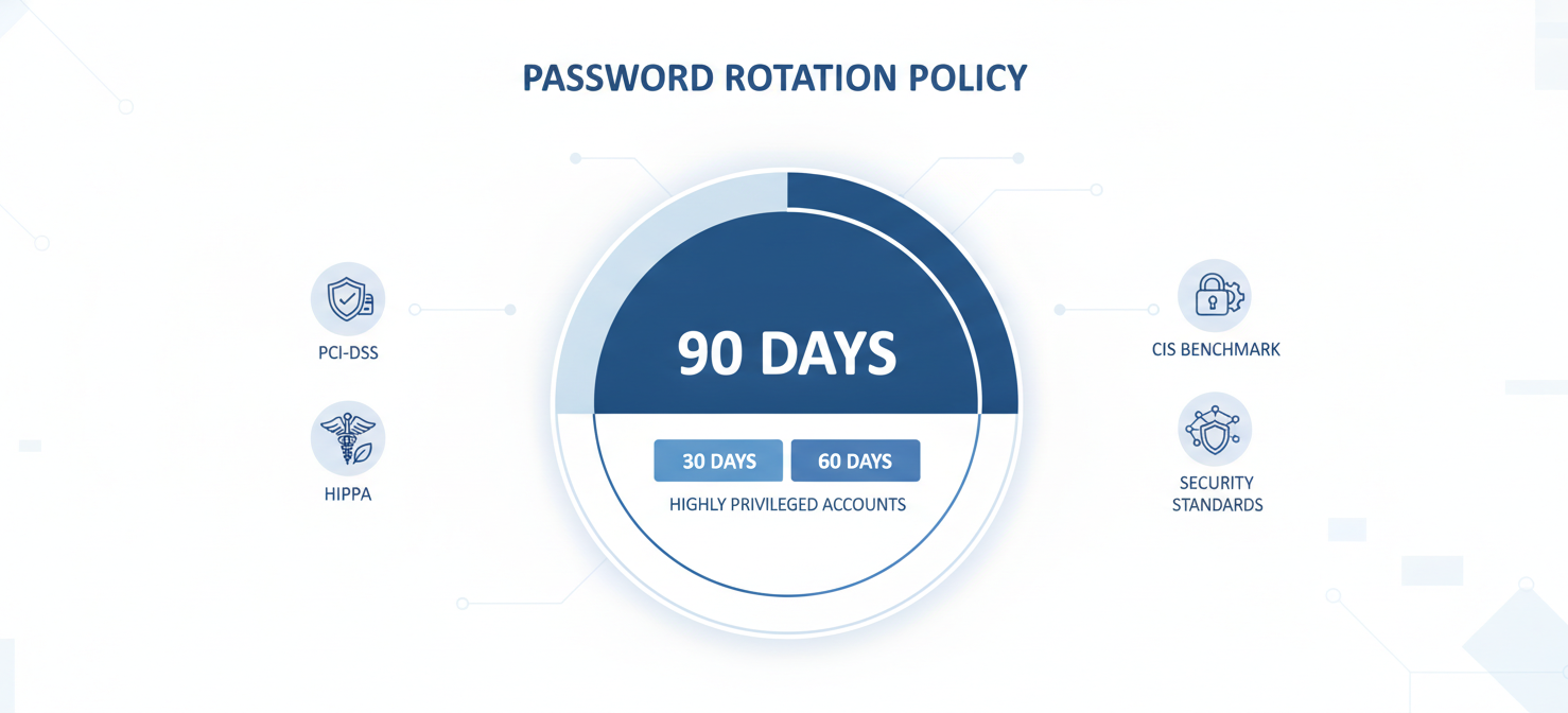 An infographic highlighting recommended access key rotation schedules, with a large '90 Days' for general keys and smaller '30/60 Days' for highly privileged accounts. Icons represent compliance standards like PCI-DSS and HIPAA, and the CIS AWS Foundations Benchmark.