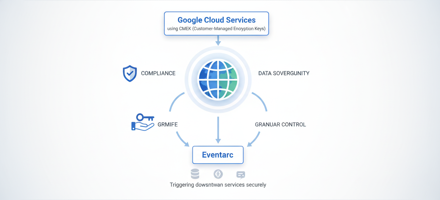 An infographic highlighting the primary benefits of using Customer-Managed Encryption Keys (CMEK) for services like Eventarc in Google Cloud. The visual emphasizes meeting compliance and regulatory requirements, gaining granular control over encryption keys and access, and ensuring data sovereignty by specifying key residency within particular geographic regions.