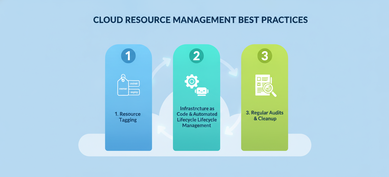An infographic illustrating best practices for preventing cloud waste, featuring icons for strict tagging policies, automated infrastructure lifecycle management (IaC), and regular audits and cleanup routines.