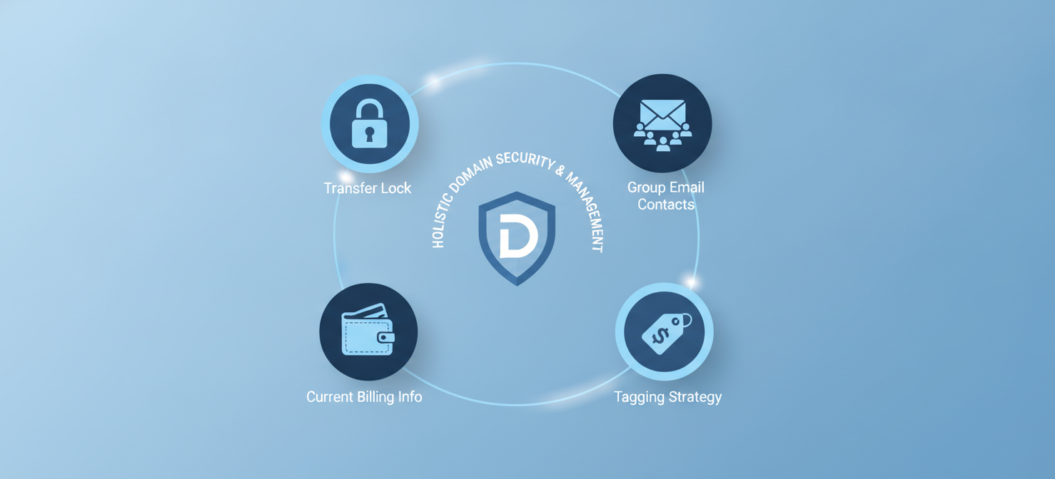 An infographic illustrating best practices for robust domain management, including icons representing transfer locks, using group email contacts for notifications, implementing a consistent tagging strategy, and ensuring up-to-date billing information.