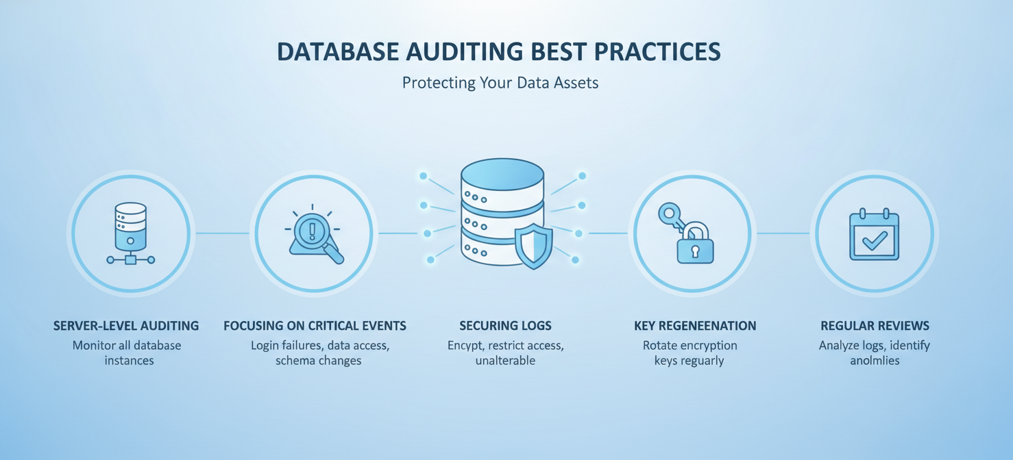 An infographic illustrating key best practices for effective Azure SQL Auditing, including enabling server-level auditing, focusing on critical events, securing audit logs, periodically regenerating storage keys, and scheduling regular reviews of audit data.