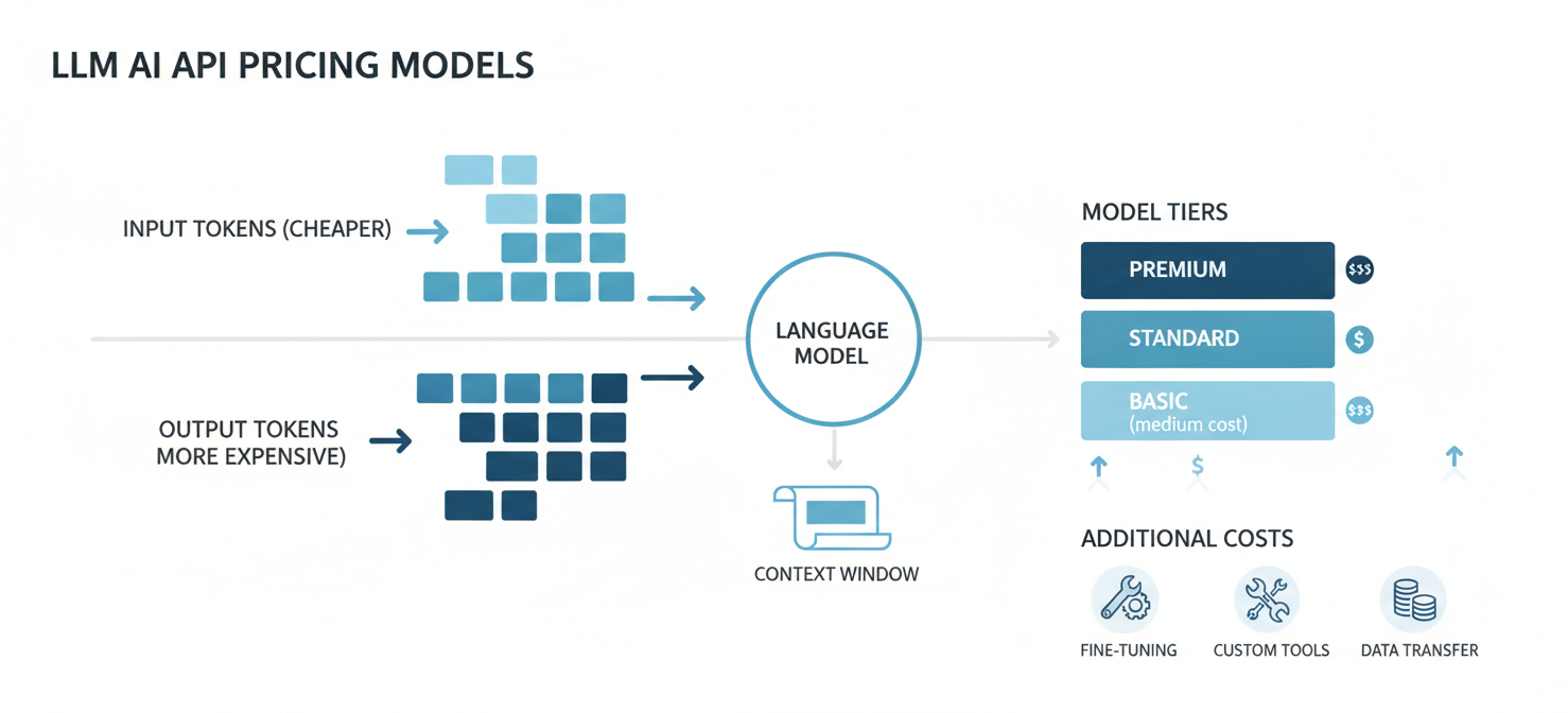 An infographic illustrating the core components of LLM API pricing models, including the distinction between input and output token costs, different model tiers with varying capabilities and prices, the concept of a context window, and potential additional costs for specialized services like fine-tuning.