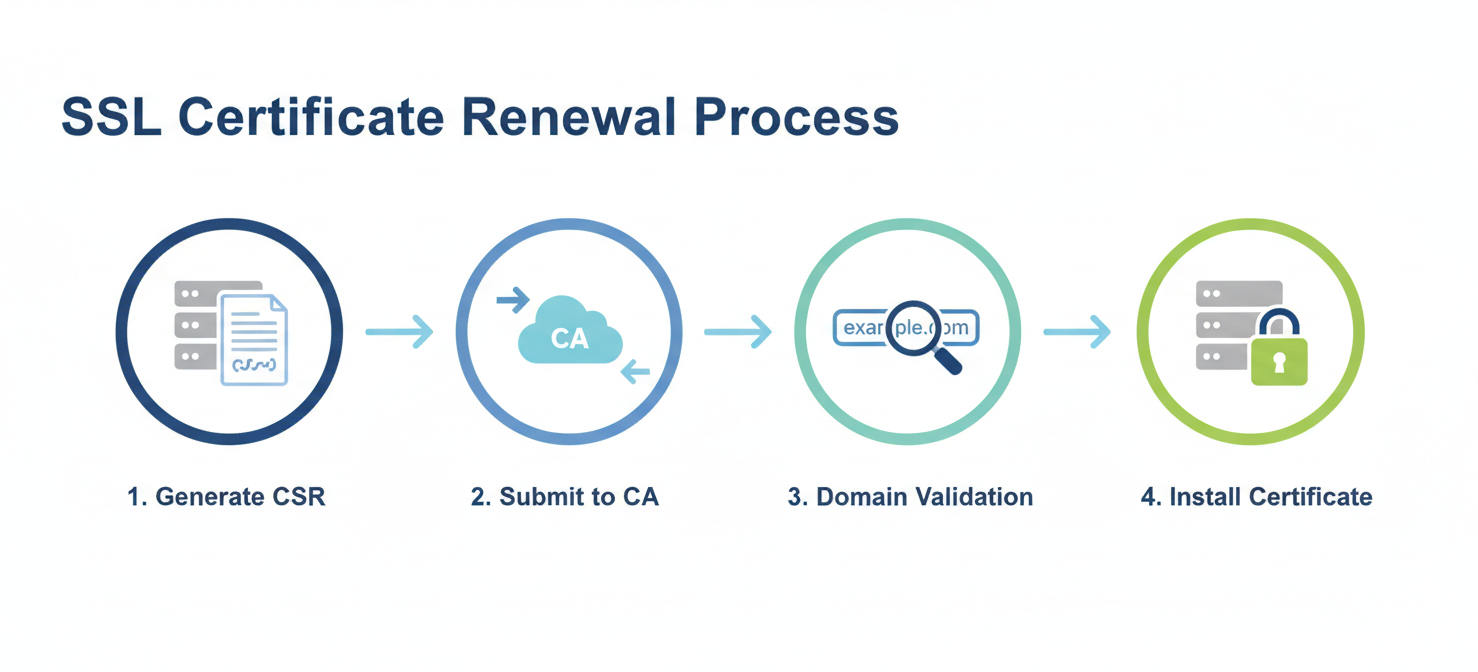 An infographic illustrating the four main steps of the SSL certificate renewal process: generating a CSR, submitting it to the Certificate Authority, completing domain validation, and installing the new certificate on the server.