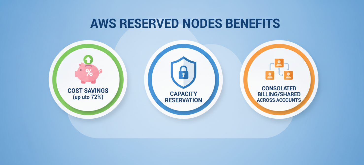 An infographic illustrating the primary benefits of AWS Reserved Nodes, including significant cost savings, the advantage of capacity reservation for critical workloads, and the flexibility of consolidated billing across multiple AWS accounts within an organization.