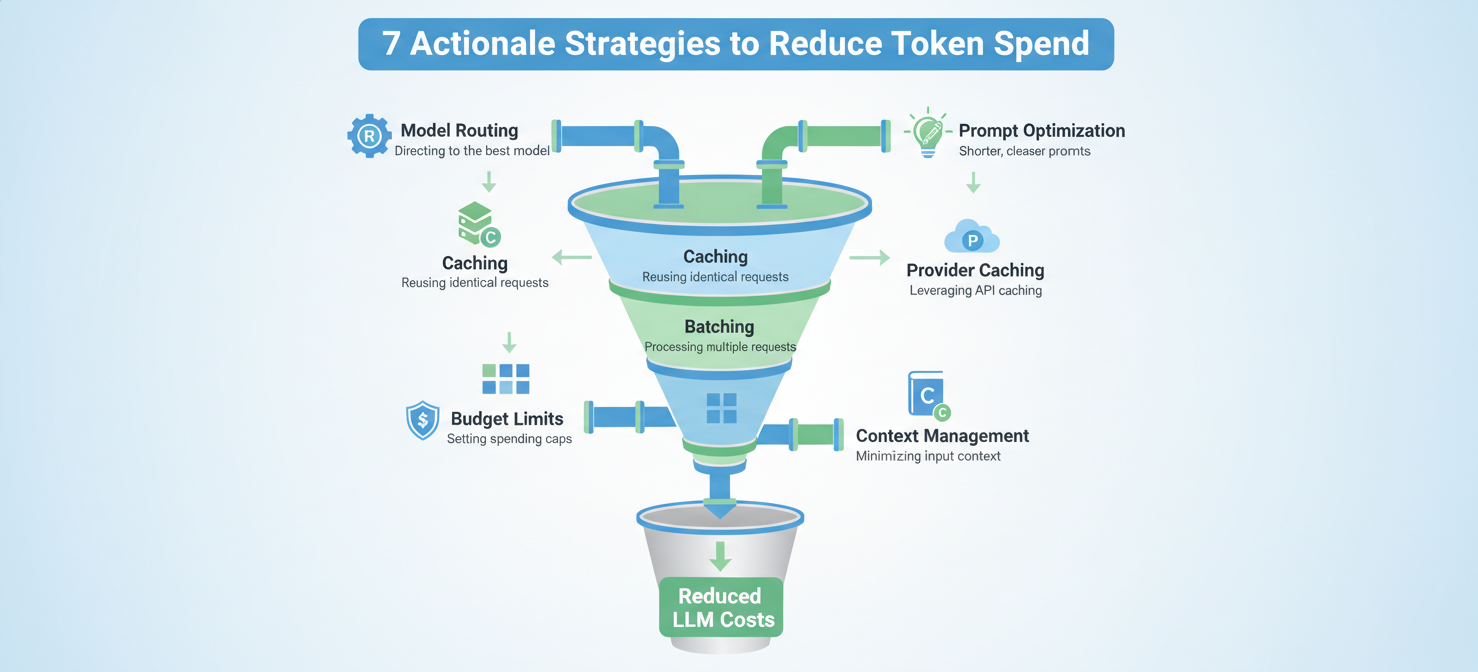 An infographic outlining seven actionable strategies to reduce LLM API token spend, including intelligent model routing, prompt optimization, aggressive caching techniques, leveraging provider-specific caching, asynchronous batching, setting hard budget limits, and efficient context window management. Each strategy is visually represented to guide users toward significant cost savings.