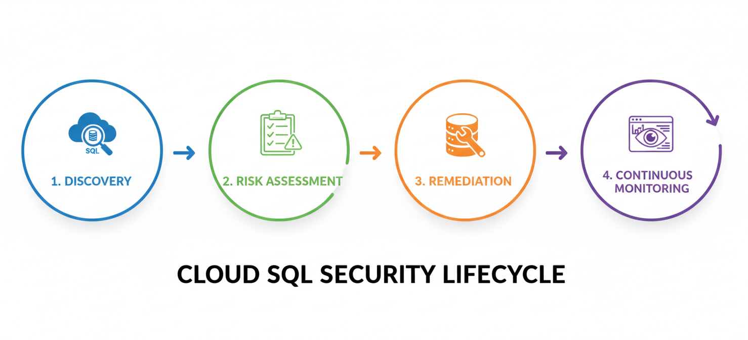 An infographic outlining the four-phase process to discover and remediate public cloud SQL instances: Discovery, Risk Assessment, Remediation and Policy Enforcement, and Continuous Monitoring and Education. Each step is represented by a clear icon and flow.