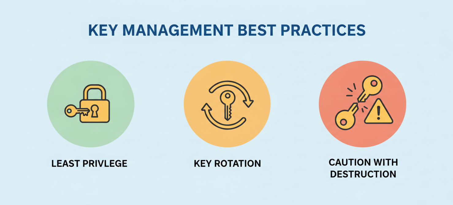 An infographic summarizing best practices for managing Customer-Managed Encryption Keys (CMKs), including adhering to the principle of least privilege, establishing regular key rotation policies, and exercising extreme caution with key destruction.