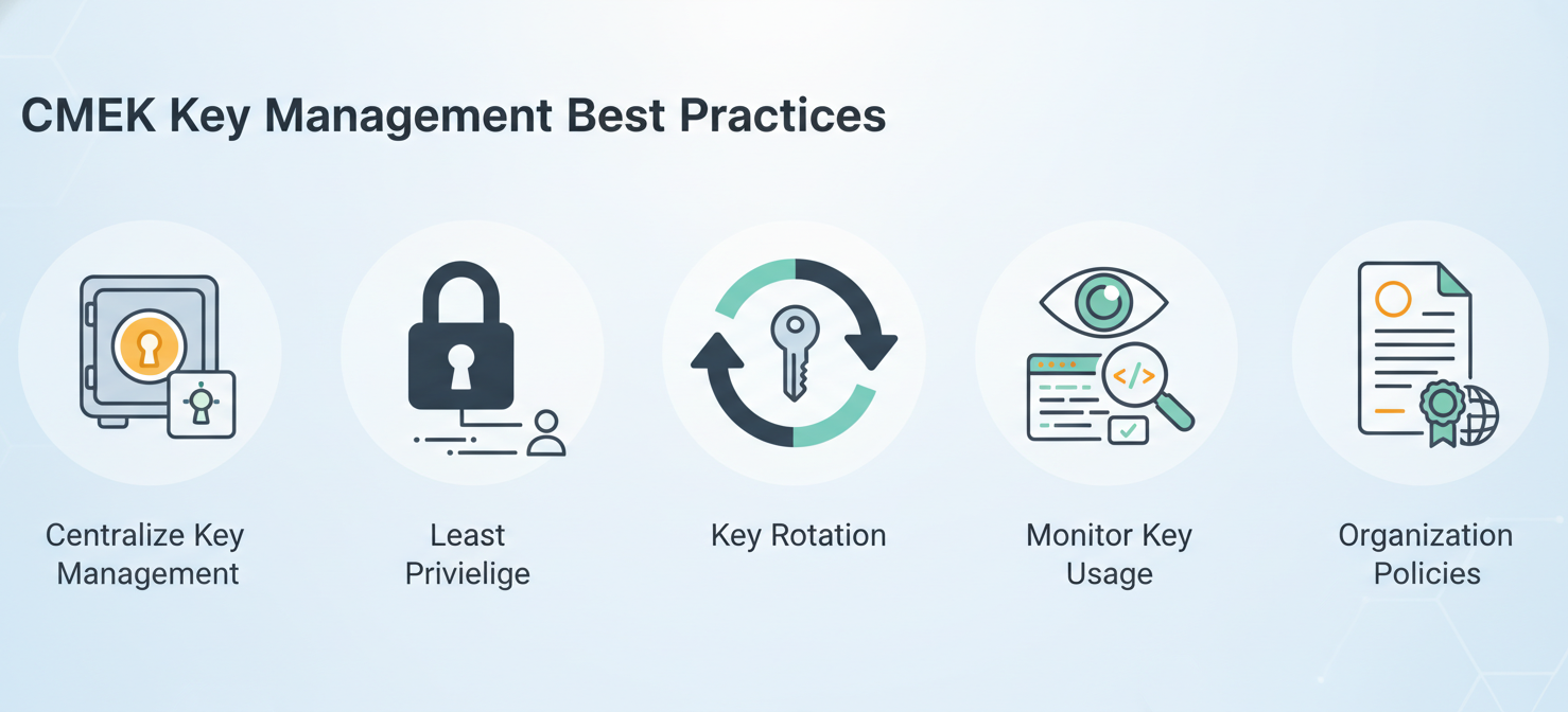 An infographic summarizing best practices for managing Customer-Managed Encryption Keys (CMEK). It features icons representing key management principles such as centralizing key storage, applying the principle of least privilege for access, implementing regular key rotation schedules, diligent monitoring of key usage through audit logs, and enforcing organizational policies for CMEK adoption.