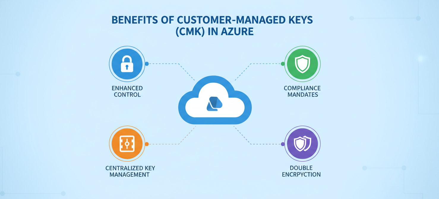 An infographic summarizing the benefits of customer-managed keys, including enhanced control and flexibility, meeting compliance mandates, centralized key management in Azure Key Vault, and the added security of double encryption for cloud data.
