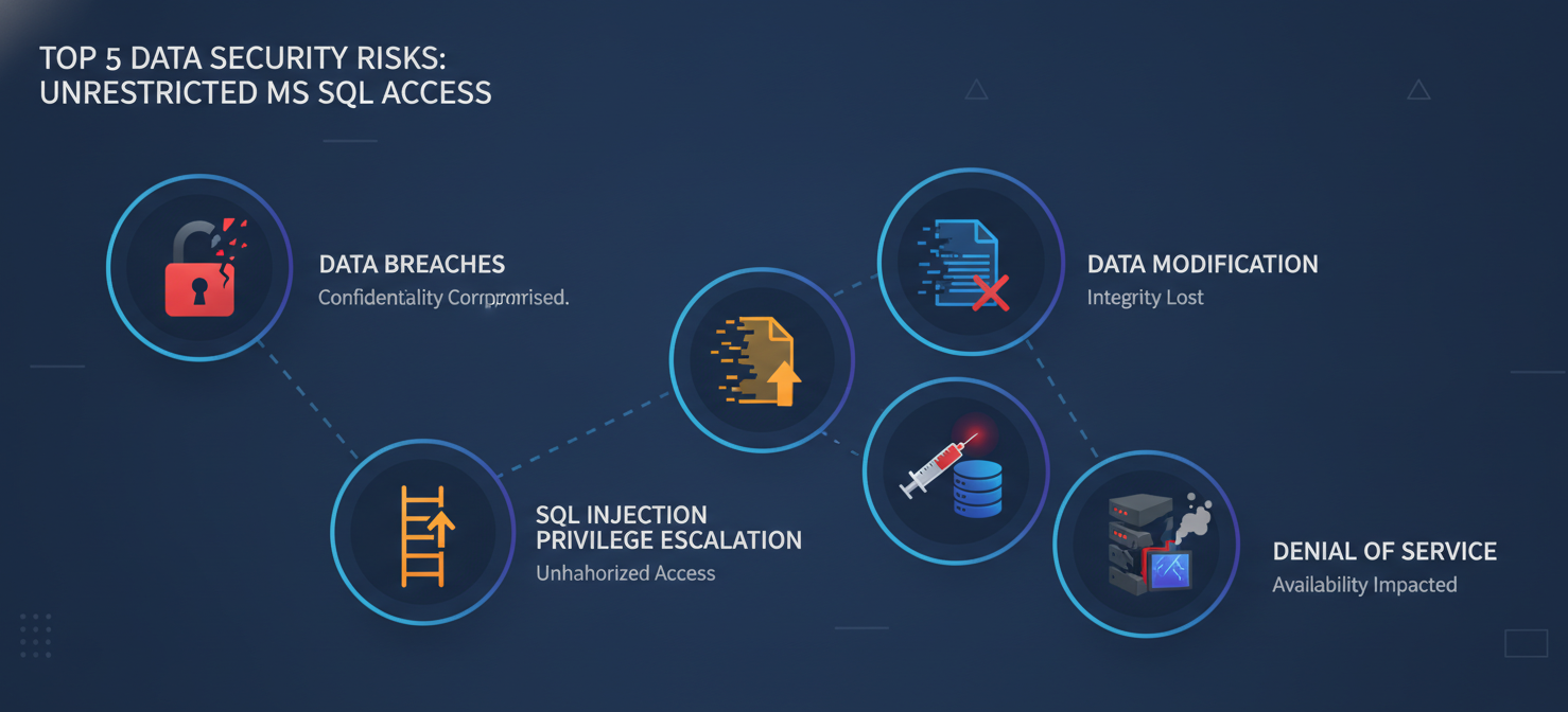 An infographic summarizing the five major data security risks associated with overly permissive MS SQL Server access. Icons represent data breaches, unauthorized data modification, privilege escalation, SQL injection attacks, and denial of service, emphasizing the multifaceted threats.