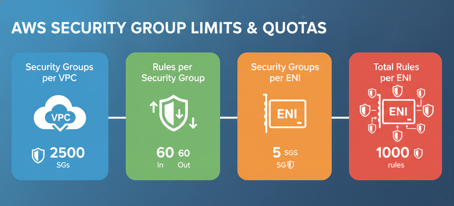An infographic visualizing important AWS security group limits and quotas, including the maximum number of security groups per VPC, rules per security group, security groups per network interface, and the total rules allowed per network interface, presented with clear icons and numerical values.