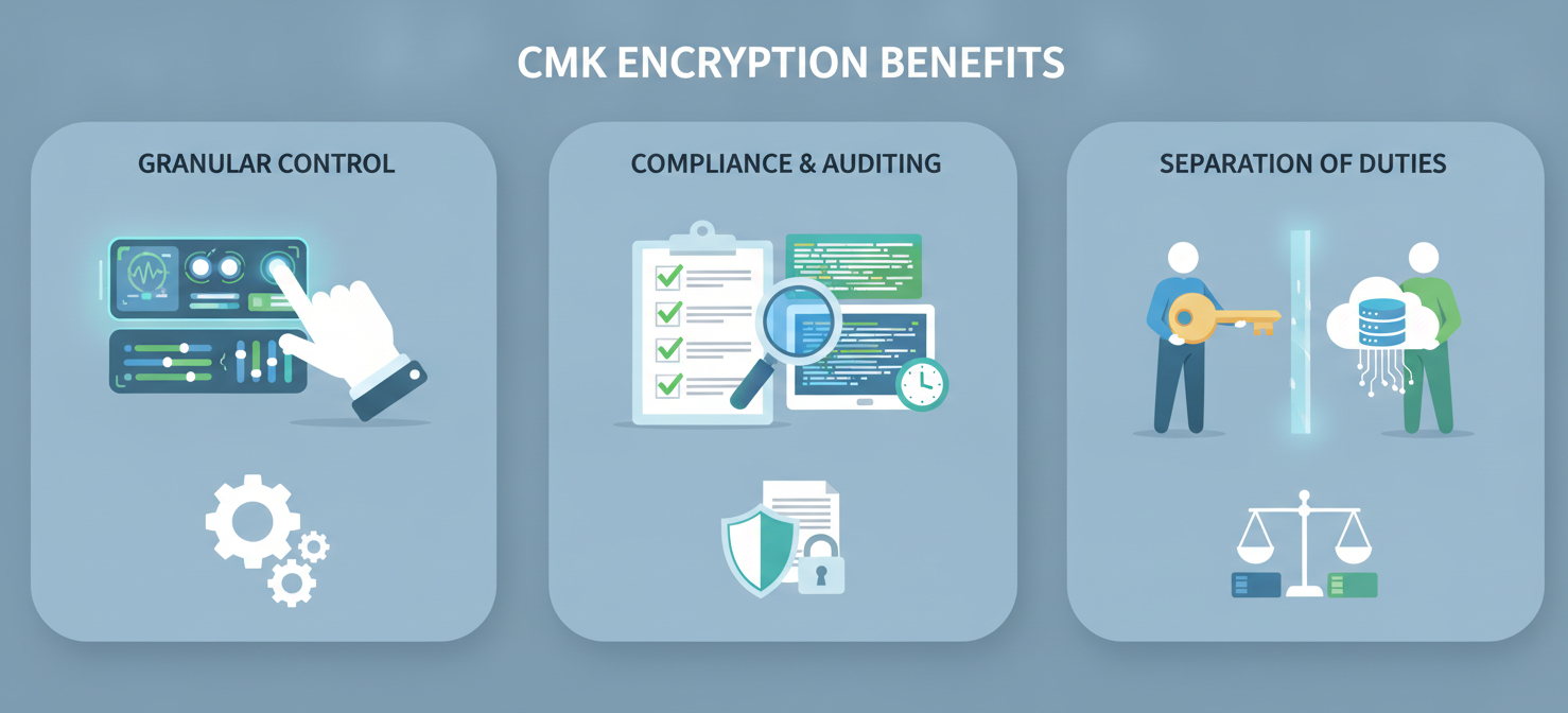 An infographic visually representing the core benefits of customer-managed key encryption, including granular control over key lifecycles, enhanced compliance and auditing capabilities through detailed logs, and a clear separation of duties between key managers and data storage providers. Each benefit is depicted with a distinct icon and descriptive text.