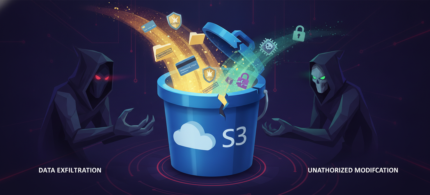 Depicts the hidden dangers of overly permissive S3 access, showing sensitive data being exfiltrated from a bucket by an unauthorized entity and malicious files being uploaded, illustrating the risks of data exposure, modification, and deletion.