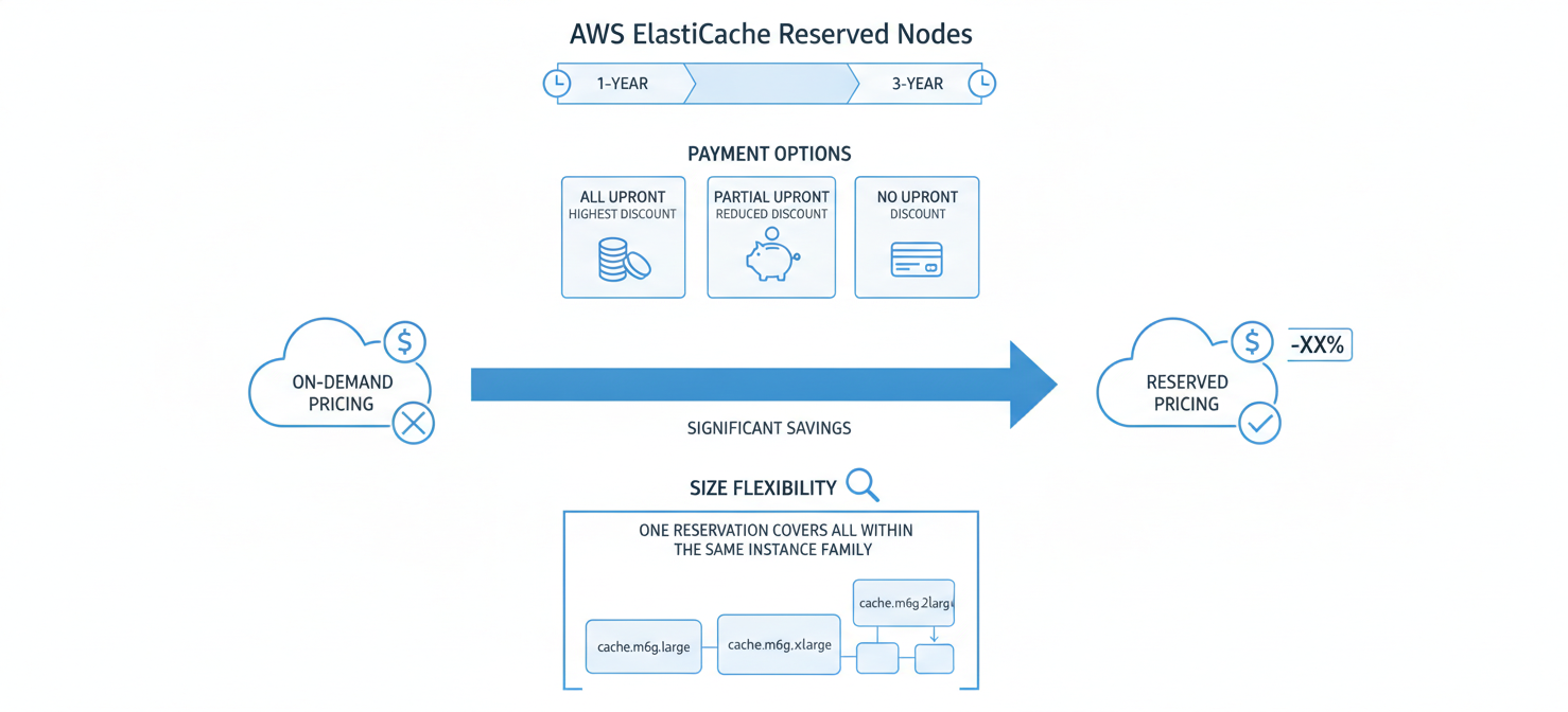 Diagram explaining how ElastiCache Reserved Nodes provide billing discounts for committed terms, illustrating payment options and size flexibility across node families.