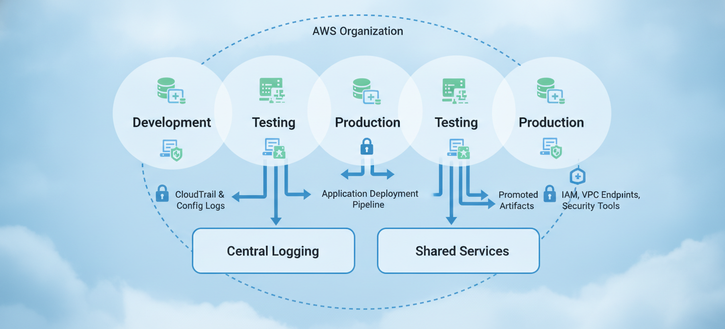Diagram illustrating a multi-account AWS architecture, showcasing separate accounts for development, testing, production, central logging, and shared services, highlighting the isolation benefits and the need for secure cross-account communication.