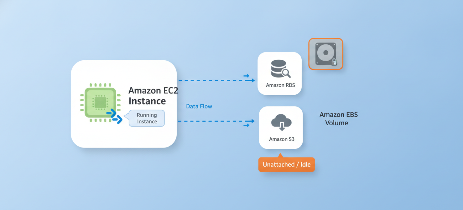 Diagram illustrating an active Amazon EC2 instance alongside a detached Amazon EBS volume, highlighting how EBS volumes can persist and become unattached even after their associated instances are terminated, leading to wasted storage costs.